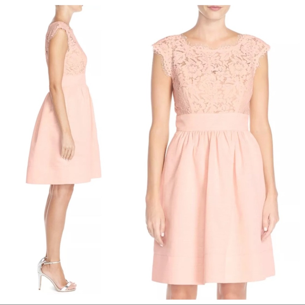 Eliza J Lace Faille Cap Sleeve Dress Lace Pink Blush Petite 12P LP NWT Wedding